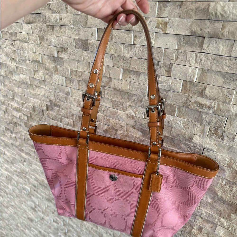 COACH Pink Signature Tote with Tan Trim
